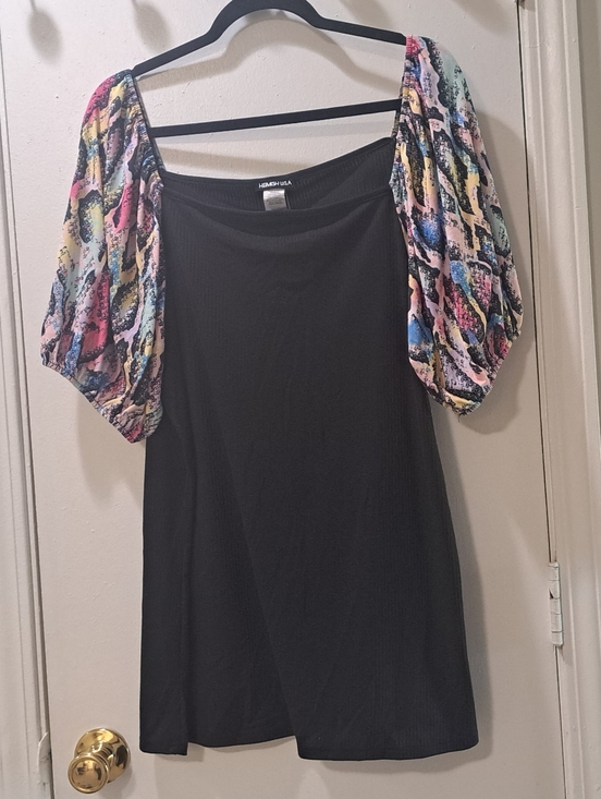 HEIMISH USA Tops - Black Tunic with Multicolor Puff Sleeves